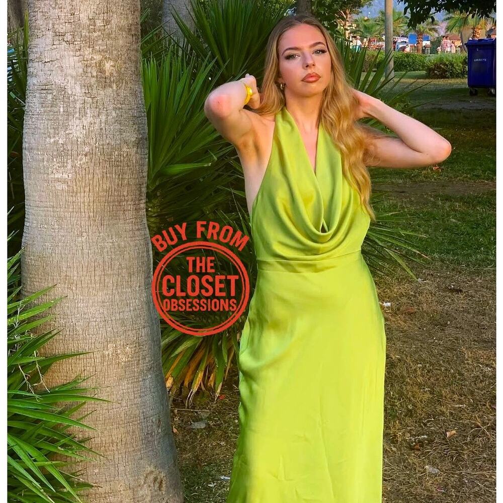 MANGO Green Open Back Satin Midi Dress NWT Cowl Neck Wedding Guest - Picture 15 of 16